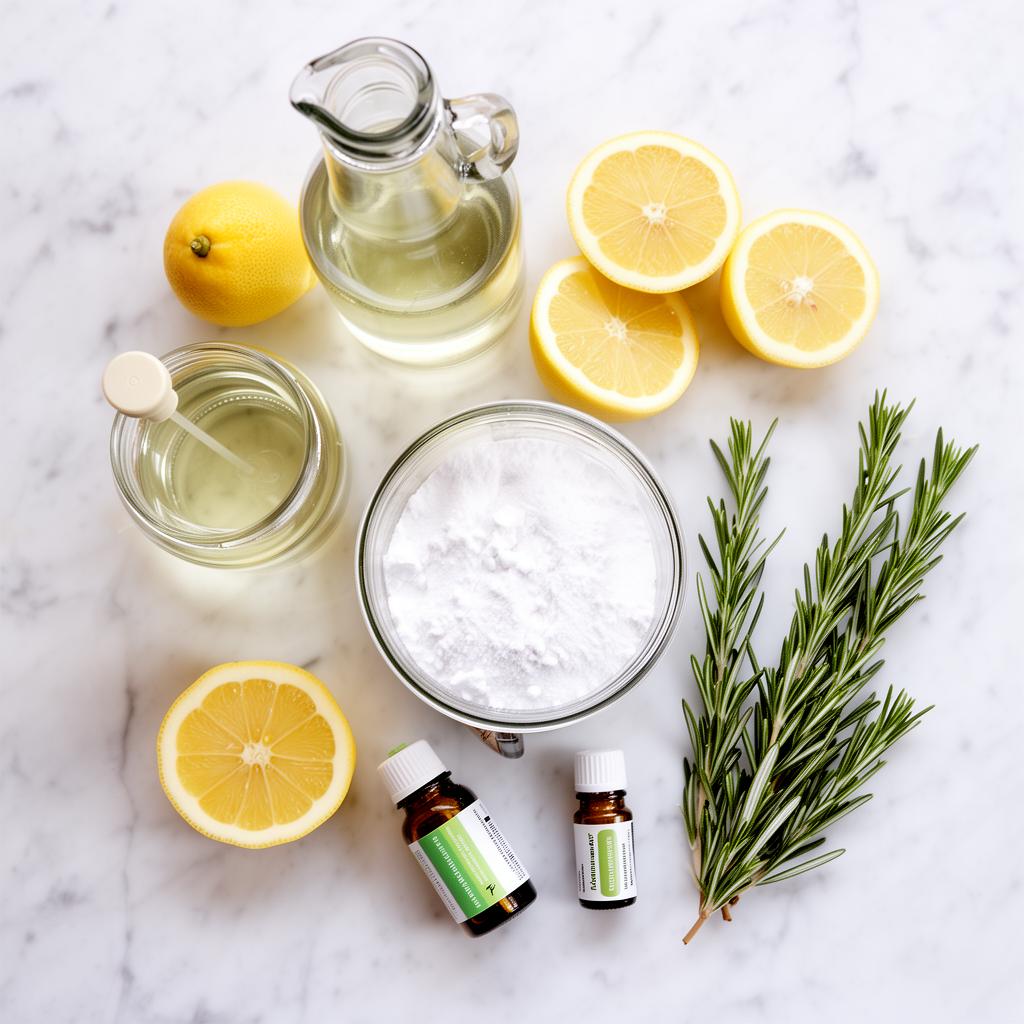 Natural cleaning ingredients: vinegar, baking soda, essential oils