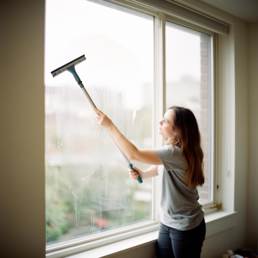 Cleaning windows in a bright room